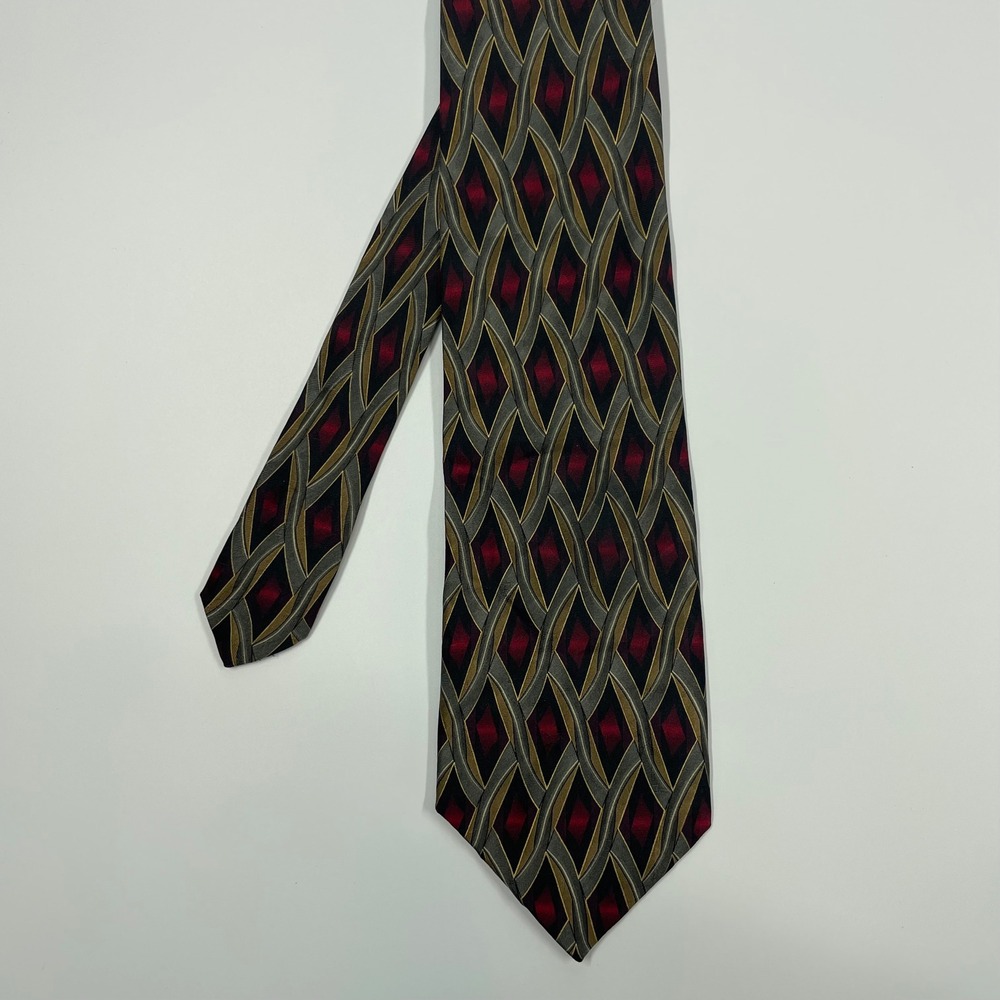 Ziggurat Red Gold Grey Geometric Silk Necktie Mens One Size